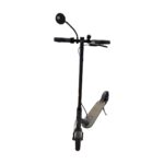 Black electric scooter shown from front with tall stem, wide handlebars, round left-side mirror, and textured deck shoe/siding visible at the bottom.