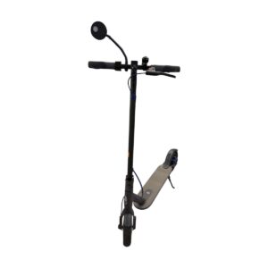 Black electric scooter shown from front with tall stem, wide handlebars, round left-side mirror, and textured deck shoe/siding visible at the bottom.