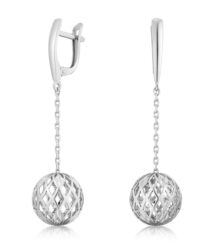 Silver drop earrings with a chain and perforated lattice ball pendant