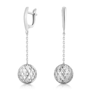 Silver drop earrings with a chain and perforated lattice ball pendant