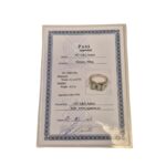 Appraisal certificate titled PASS with a photo of a gold ring featuring a blue gemstone, plus handwritten notes and stamps on the page.