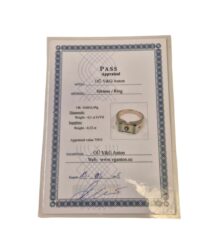 Appraisal certificate titled PASS with a photo of a gold ring featuring a blue gemstone, plus handwritten notes and stamps on the page.