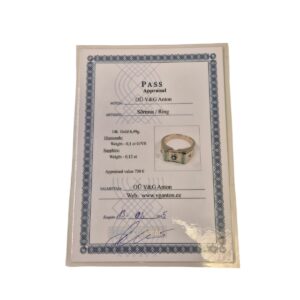Appraisal certificate titled PASS with a photo of a gold ring featuring a blue gemstone, plus handwritten notes and stamps on the page.