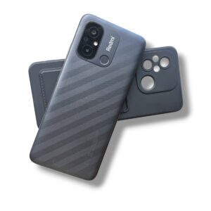 Blue Redmi smartphone back with diagonal striped texture, shown with a dark protective case featuring large circular camera cutouts.