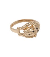 Gold ring with a sculpted leopard head wrapping around a slim band, featuring spotted details on the body