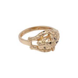 Gold ring with a sculpted leopard head wrapping around a slim band, featuring spotted details on the body