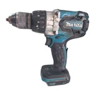 Cordless Makita drill with teal and black body, showing the torque adjustment dial and battery pack on a white background.