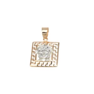 Gold pendant with square frame featuring a Greek key border and Medusa head centerpiece