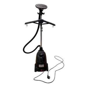 Electric garment steamer on a vertical stand with a flexible hose and slim steam head for removing wrinkles from clothes