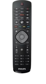 Philips TV remote with circular navigation pad and many labeled buttons on a black body.