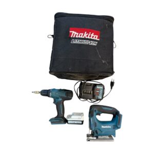 Makita cordless drill with battery and charger, extra battery, jigsaw, and a black Makita carry case.