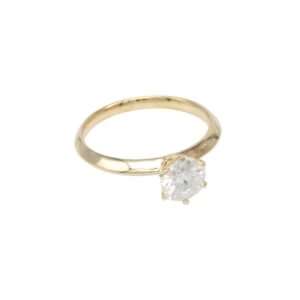 Gold solitaire engagement ring with a large round-cut diamond set in a prong setting on a slim band