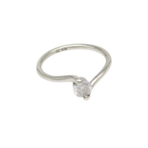 Silver ring with a single round diamond solitaire set in a curved band, minimalist design (engagement style).