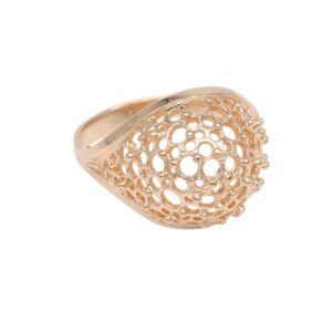 Rose gold filigree ring with open circular lattice pattern, delicate and airy design for statement jewelry