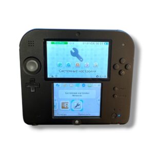 Black Nintendo 3DS handheld console with two screens open, displaying system settings in Russian on both displays against a white background.