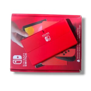 Red Nintendo Switch packaging with a red handheld console resting on top of the box