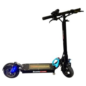 Black Beaster scooter: an electric scooter with a tall stem, wide deck, and blue front light at the front wheel area.