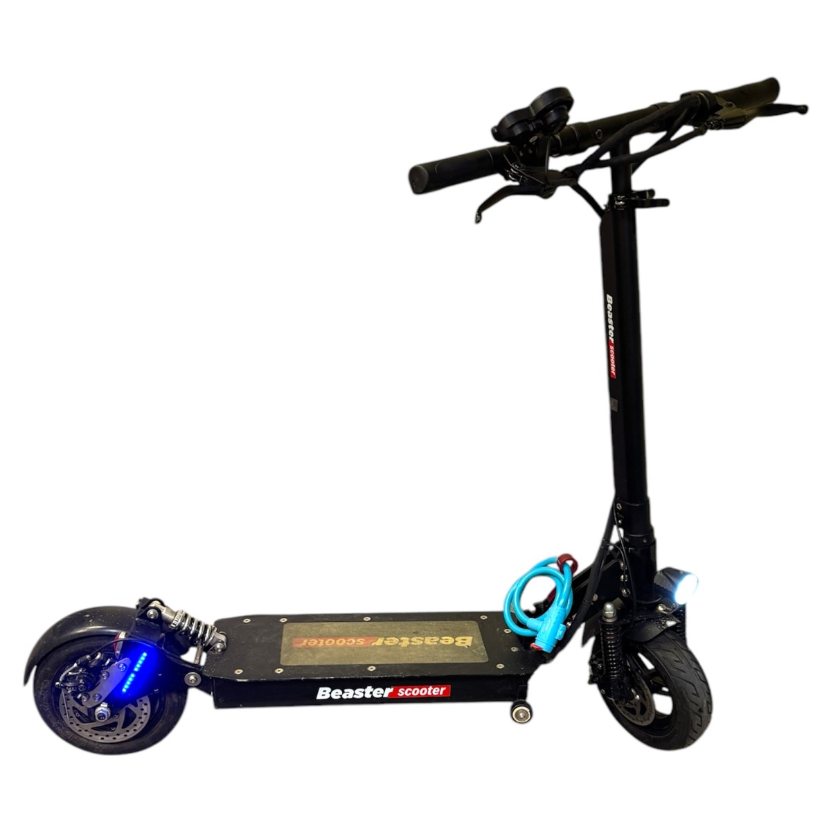 b279e75d1d5575937b92b6aee482c573jpg - Mezola OÜ Black Beaster scooter: an electric scooter with a tall stem, wide deck, and blue front light at the front wheel area.