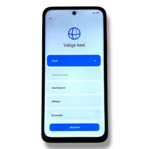 Screen shows a mobile app language picker with 'Valige keel' and options: Eesti selected, more languages, Azerbaijani, Malayu, Bosanski; 'Järgimine' button at bottom