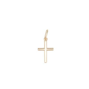 Gold cross pendant with a small loop for a necklace on a white background