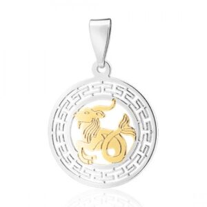 Two-tone round pendant: silver circular frame with a gold Leo zodiac lion in the center