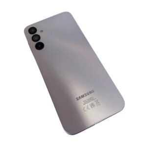 Back of a silver Samsung smartphone with three rear cameras in a vertical array at the top-left.