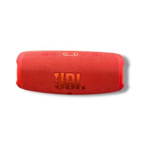 Red JBL portable Bluetooth speaker with a fabric grille and top control buttons (power, volume, Bluetooth).