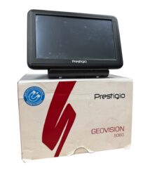 Black Prestigio Geovision 5060 GPS navigator resting on its white branded box used for car navigation or travel planning