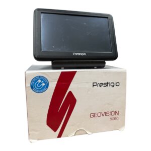 Black Prestigio Geovision 5060 GPS navigator resting on its white branded box used for car navigation or travel planning