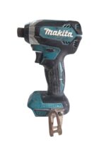 Cordless drill by Makita in teal and black with a metal chuck and clip on the battery area