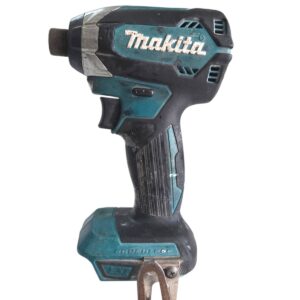 Cordless drill by Makita in teal and black with a metal chuck and clip on the battery area