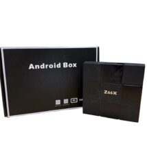 Black Android Box product package with a small modular black streaming box labeled 'Z66X' beside it.