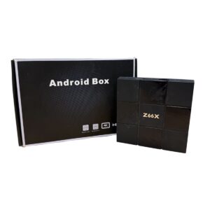 Black Android Box product package with a small modular black streaming box labeled 'Z66X' beside it.