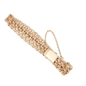 Gold-tone multi-row chain bracelet with a rectangular box clasp and a small safety chain