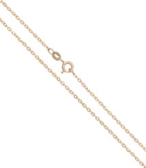 Close-up of a thin gold necklace chain with a lobster clasp.