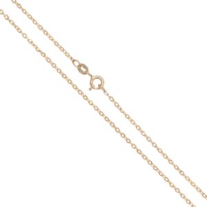 Close-up of a thin gold necklace chain with a lobster clasp.