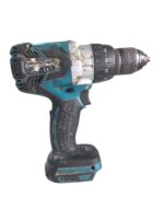 Cordless power drill with teal and black body, adjustable chuck, and a worn grip handle.