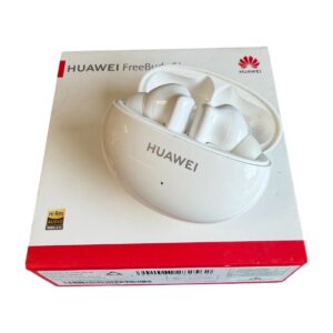 Huawei FreeBuds wireless earbuds in their white charging case, pictured on the product box with Huawei branding.