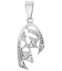 Silver horse-head pendant framed by a curved arc with beaded detailing and a small gem near the bottom, hanging from a bail.