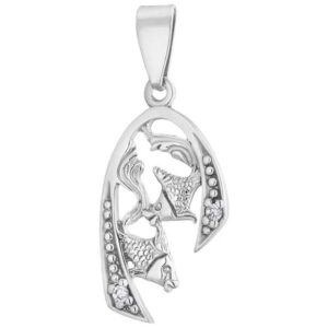 Silver horse-head pendant framed by a curved arc with beaded detailing and a small gem near the bottom, hanging from a bail.