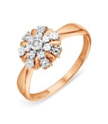 Rose gold ring with a flower-shaped cluster of diamonds on the top, bridal-style design