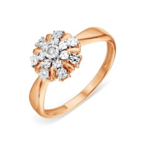 Rose gold ring with a flower-shaped cluster of diamonds on the top, bridal-style design