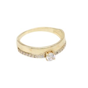 Gold ring with a row of small diamonds along the band and a central solitaire diamond.
