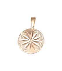 Gold-tone round pendant with a radial sunburst engraving and a small bail for a chain