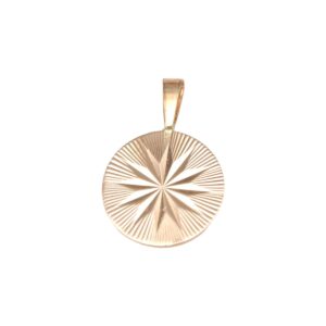 Gold-tone round pendant with a radial sunburst engraving and a small bail for a chain