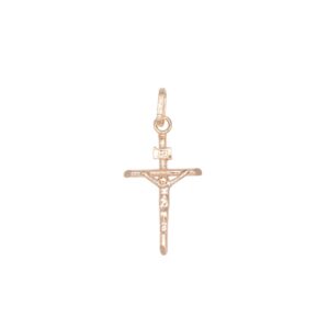 Rose gold crucifix pendant with Jesus on the cross and a small bail at the top for a chain