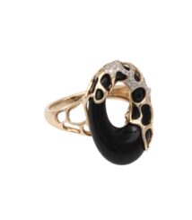 Gold-tone ring with a large black onyx centerpiece and diamond-studded lattice detailing.