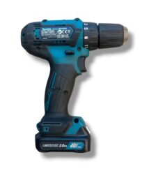 Cordless drill with blue and black body, 12V battery, and torque setting ring visible on the chuck side.