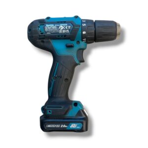 Cordless drill with blue and black body, 12V battery, and torque setting ring visible on the chuck side.