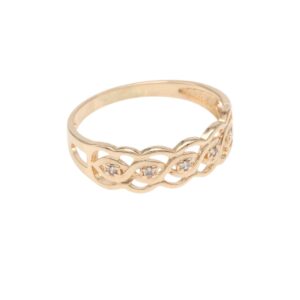 Gold ring with an openwork, intertwining loop design and small diamonds set along the band.